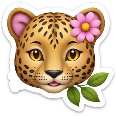 A cutE leopard face with eyes closed and a peaceful smile. A pink flower with a yellow center is tucked behind its right ear, adding a charming and gentle touch.  sticker