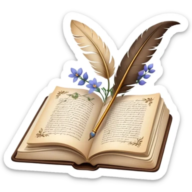 Icon for Poetry Reading: an open book with flowing verses on the pages, surrounded by a quill, ink bottle, and delicate flowers. The icon should evoke the beauty and emotion of poetry. Transparent background. sticker