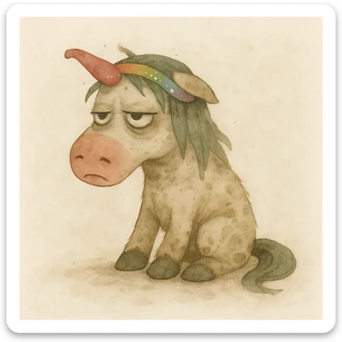 Add sparkles to the bright unicorn headband. Keep the watercolor style. The unicorn remains dirty, crumpled, with bags under its eyes and a drooping horn. sticker