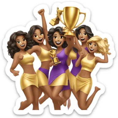 Seven beautiful women celebrating with a huge gold trophy sticker