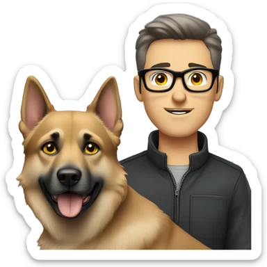 A guy with brown hair, guy have grey eyes, and thin, stylish black glasses. accompanied by a grey German Shepherd (female). dog have with yellow eyes. sticker
