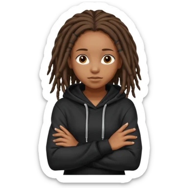 African American girl with shoulder length dreadlocks wearing a plain black hoodie with her arms folded across her chest sticker