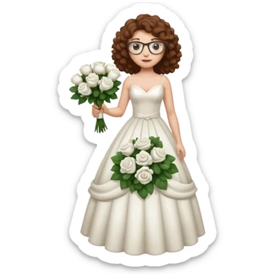 Chica blanca, pelo rizado, gafas, vestido novia, cuerpo entero, pelo castaño sticker