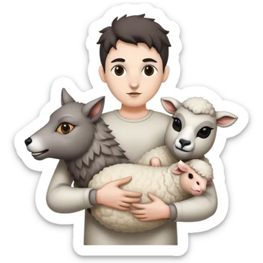 the whole body of a wolf with a human body in its hand, with sheep's masks in its hands sticker