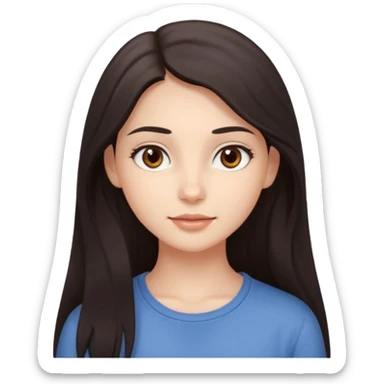 Create an Apple-style emoji of a young woman with long dark hair, brown eyes, natural look, smooth skin, soft shading, simple outfit, cute and friendly expression. sticker