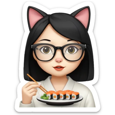 cute girl cat with long straight hair and really big square glasses with super thin frames eating sushi sticker