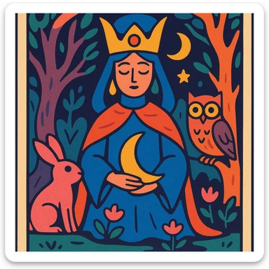 A tarot card featuring The High Priestess, surrounded by ancient trees and mystical creatures, in a whimsical fantasy style. sticker
