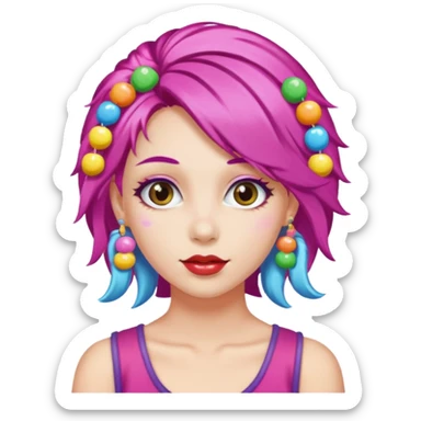 colorful hair woman with candy accessories, not holting a candy sticker