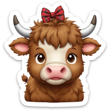 brown fluffy baby scottish cow with a small bow on head sticker