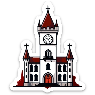 Gothic clocktower with blood running down its stone walls, creepy atmosphere sticker