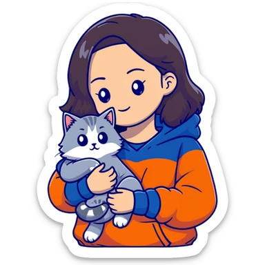 Brunette girl with dark blue sweatshirt cuddling a fluffy grey Siberian cat, detailed illustration sticker