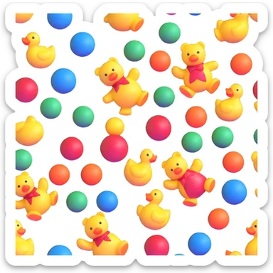 colorful scattered toys - teddy bear, rubber duck, blocks, ball, superhero figures sticker
