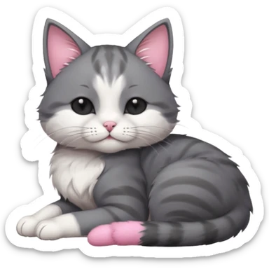 dark grey and white small cat with his eyes closed, leaning his head on his paw while leaning on his elbow lying down sticker