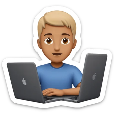A dark-colored laptop with the screen open. From the screen, a person is emerging, giving a lecture or teaching. The person should look expressive and in a teaching pose. Soft shadows, semi-3D emoji style, clean background. sticker