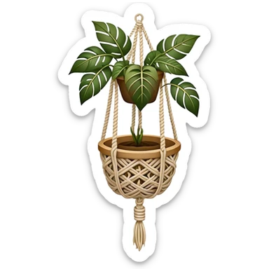Macramé icon, intricate knot patterns, hanging plant holder, natural cords, woven texture, minimalistic style, clean lines, transparent background. sticker