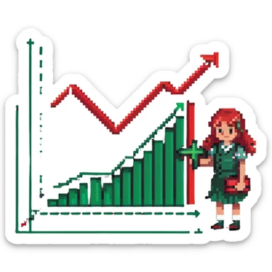 Girl holding chart with rising green graph line in right hand and holding another chart with falling red graph line in left hand sticker