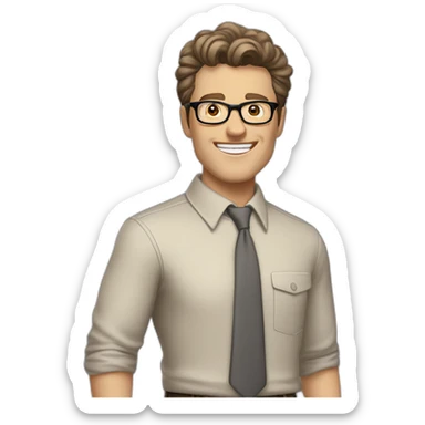 Joyful Pale skinned Fit Man With dark brown hair in gray jacket, beige office shirt, Brown pants and vintage glasses. His thrumbs up sticker