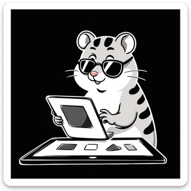 unique, colorful, hand-drawn, modern, realistic hamster with cool glasses, creating a design or making animations, showing creative action, solid black background, illustrated in Procreate on an iPad, not kiddish sticker