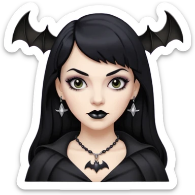 vampira mulher branca com cabelo preto longo com franja quadrada, sobrancelha grossa e lábios com batom preto com colar preto e pingente de morcego preto sticker