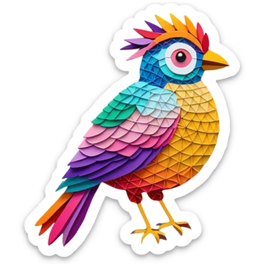 String art icon, large colorful bird in frontal view, geometric patterns made from threads, intricate design with pins on a board, vibrant colors, minimalistic style, clean lines, transparent background. sticker