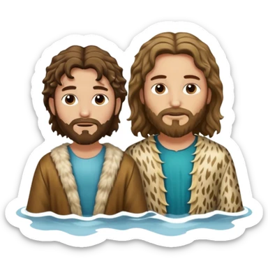 John the Baptist (wavy hair, animal skin clothes) and Jesus (same age) together in water, both wearing clothes sticker