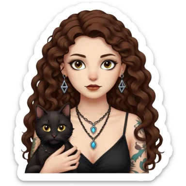 woman with long curly brown hair, brown eyes, white skin, tattoos, black cat wearing tiny rune necklace judging everyone sticker