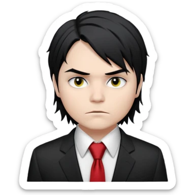 Gerard Way (Revenge Era)
Round, simplified emoji style
Pale skin tone
Jet-black, shoulder-length hair messy and emo
Heavy eyeliner and slight red shadow under the eyes
Subtle serious
Hint of red tie visible on black button up shirt.
Transparent background. Black eyeliner. Messy emo hair sticker
