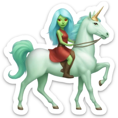 [politically incorrect
	{ woman: alien, color: light green, hair:red, eyes:cat} ]
	on a 
	[{ unicorn: white, legged:four, mane: light blue }] sticker