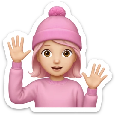 Kid in pink hat and jumper waving sticker
