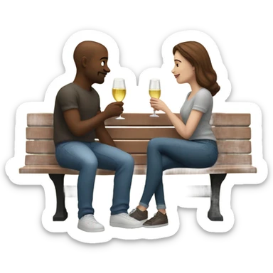 couple with white skin people and brown hair, sitting closely on a park bench, enjoying a romantic moment. One person is holding a croissant, and the other is holding a glass of Prosecco.  sticker
