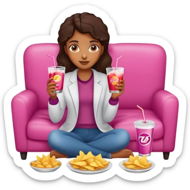 home brown girl with plate of chips and one soda drink, sitting at the pink sofa sticker