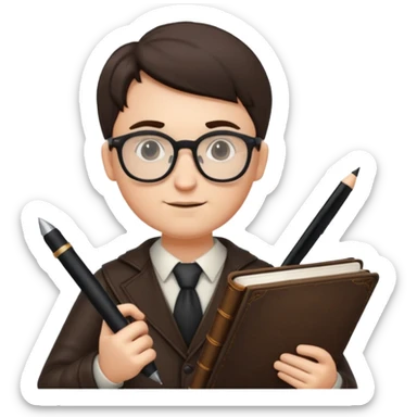 writer holding big pen in hand and book in other hand, wearing glasses sticker