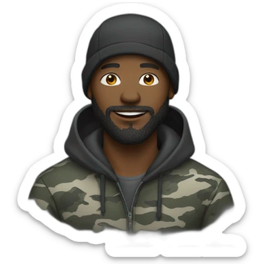 black man with a beard, gray camo hat, black hoodie sticker