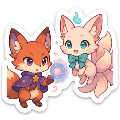 chibi anime style fox duo, both magical, one casting a spell, the other floating, cute, colorful, detailed sticker