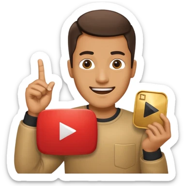 a happy man holding youtube golden play button sticker