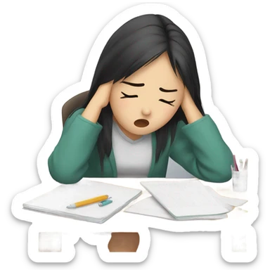 tired asian girl student struggling with final exam and assignments sticker