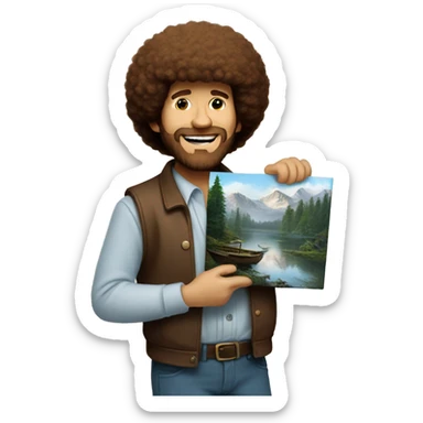 Bob Ross holding a painting sticker