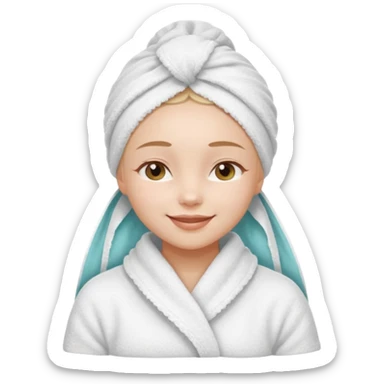 cute girl with her eyes closed and smiling, wearing a white spa towel as her clothes in she has a white spa towel on her head, white face skincare sticker