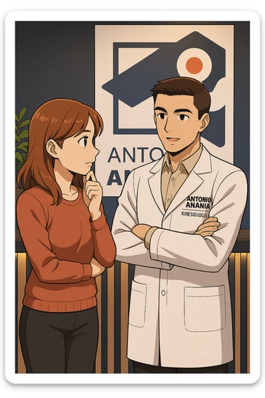 su questo stile fai un manga/webtoon a colori in cui una donna SI TOCCA IL MENTO CON L'INDICE MENTRE ASCOLTA PENSIEROSA L'UOMO, l'uomo della foto in stile manga LE SPIEGA CHE DEVE PROVARE LA SUA VALUTAZIONE MEDICA, mantieni un ambiente simile alla foto che ho allegato con il suo logo (sarebbe il suo studio, lui è un kinesiologo), scrivigli "ANTONIO ANANIA" sul camice bianco, non mettere fumetti, ma fai in modo che sembri che la donna ASCOLTI l'uomo sticker