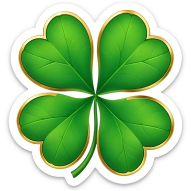 Four-leaf clover emoji  with vibrant green leaves and gold edges. Below, in gold lettering, a pure white background. sticker