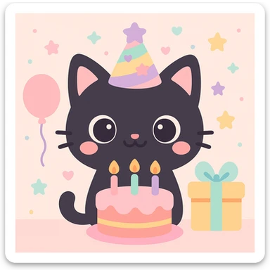 a black cat having a birthday party, kawaii style sticker