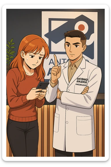 su questo stile fai un manga/webtoon a colori in cui una donna CONTROLLA LO SMARTPHONE MENTRE PARLA CON L'UOMO, l'uomo della foto in stile manga LE DICE DI "NO" CON IL DITO, mantieni un ambiente simile alla foto che ho allegato con il suo logo (sarebbe il suo studio, lui è un kinesiologo), scrivigli "ANTONIO ANANIA" sul camice bianco, non mettere fumetti, ma fai in modo che sembri che la donna CONTROLLI LO SMARTPHONE E L'UOMO CON I GESTI LE FACCIA CAPIRE CHE STA SBAGLIANDO sticker