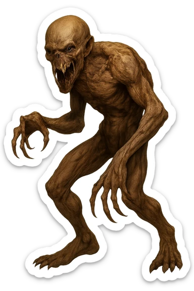 Show the entire monster, make it look huge and terrifying, realistic with twisted body, exposed fangs, unsettling expression, horror realism style, no background. sticker