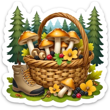 Icon for Mushroom and Berry Tourism: a basket filled with mushrooms chanterelles, boletus and aspen and berries, surrounded by forest elements like trees, leaves and a hiking boots. The icon should capture the joy of foraging in nature. Transparent background. sticker