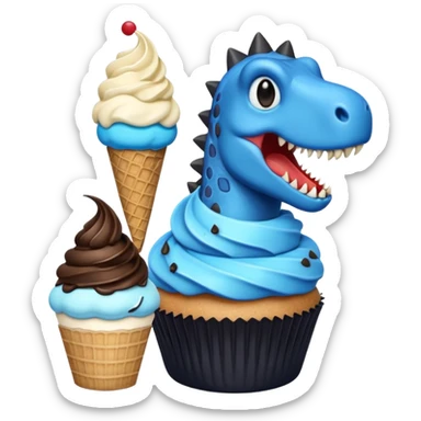 A cupcake having blue and black icing and a dinosaur as a decoration and ice cream next to it sticker