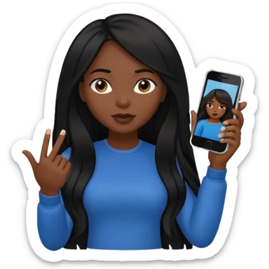 influencer girl black long haired, phone in hand, recording herself, confident, trendy, sticker