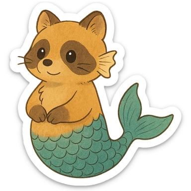 ghibli style cute raccoon with gills and a fish tail sticker