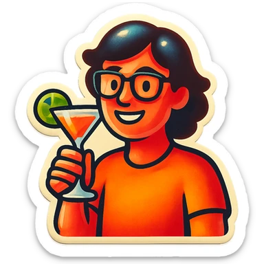 A person with glasses holding a cocktail glass sticker