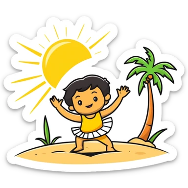 Happy cartoon character dancing on beach with sun rays highlighting them, tripa tropa party mood, sand and palm trees sticker