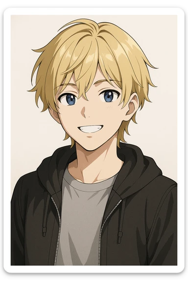 anime style portrait of an 18 year old young person with blonde hair, smiling, modern clothing, light background sticker